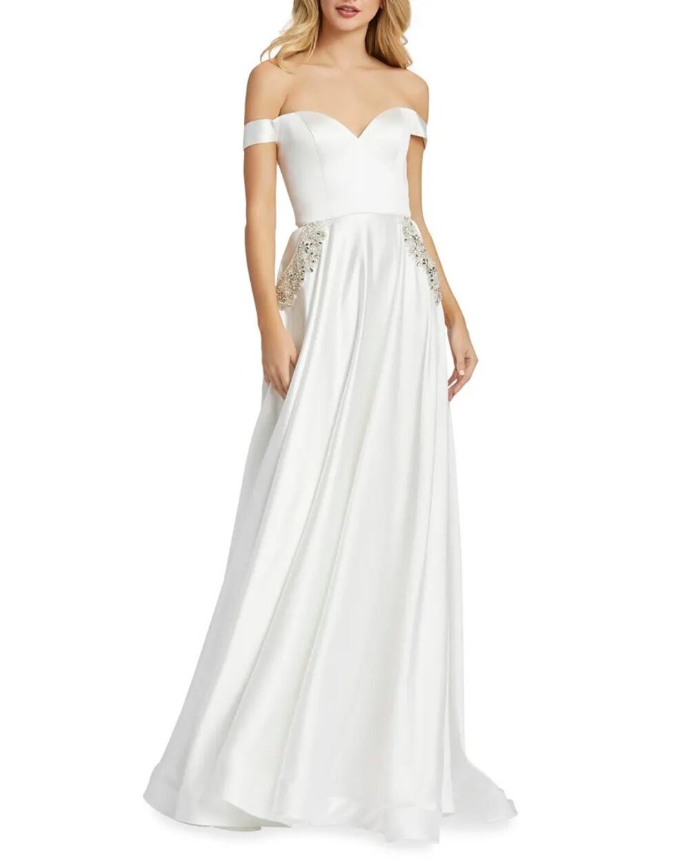 Mac Duggal White Bridal Off Shoulder Beaded A-Line Sweetheart Satin Gown 4